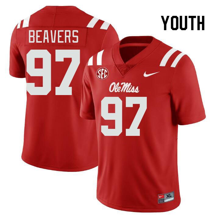 Youth #97 Kamron Beavers Ole Miss Rebels College Football Jerseys Stitched-Red